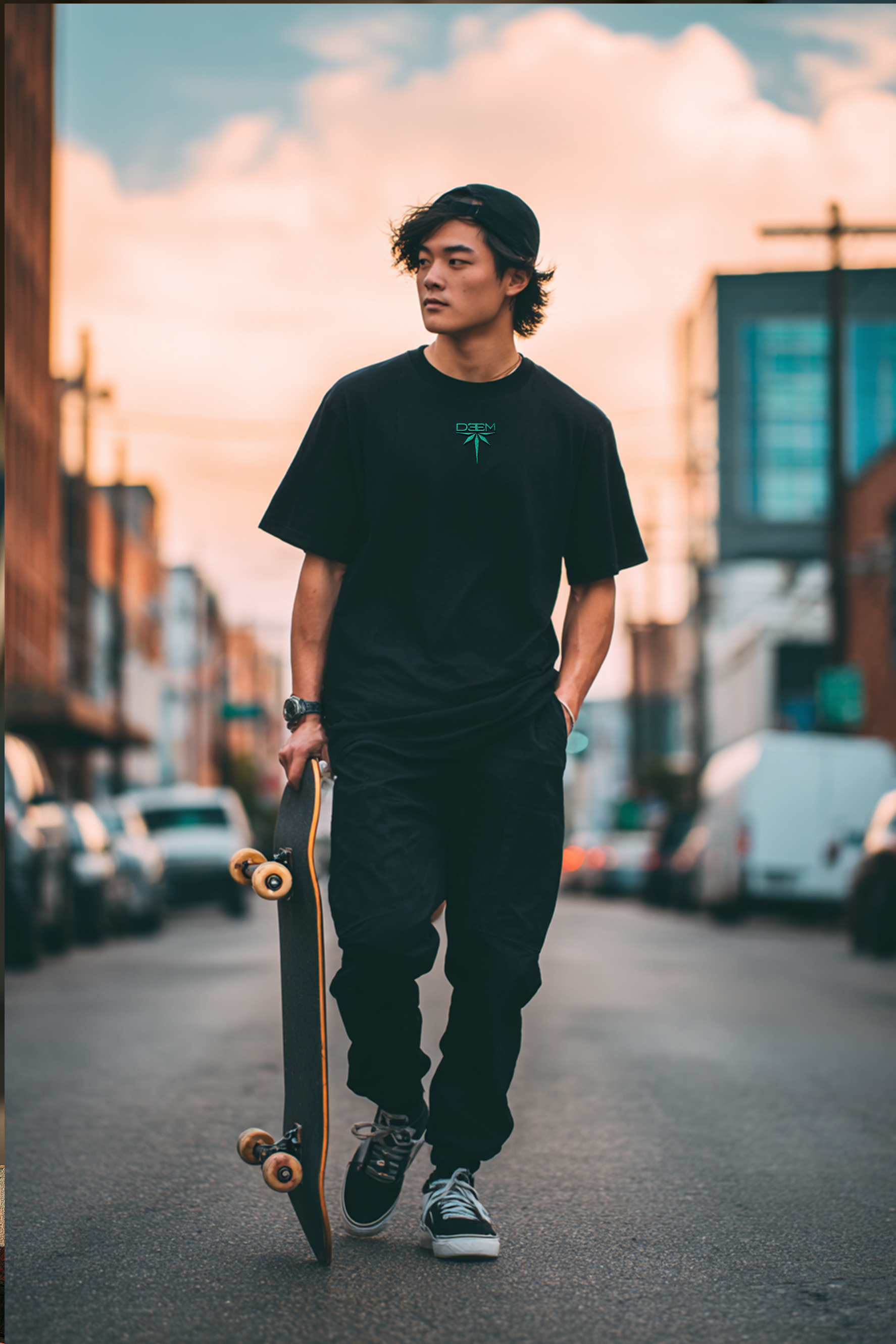 A Japanese/American male model is wearing a white T-shirt