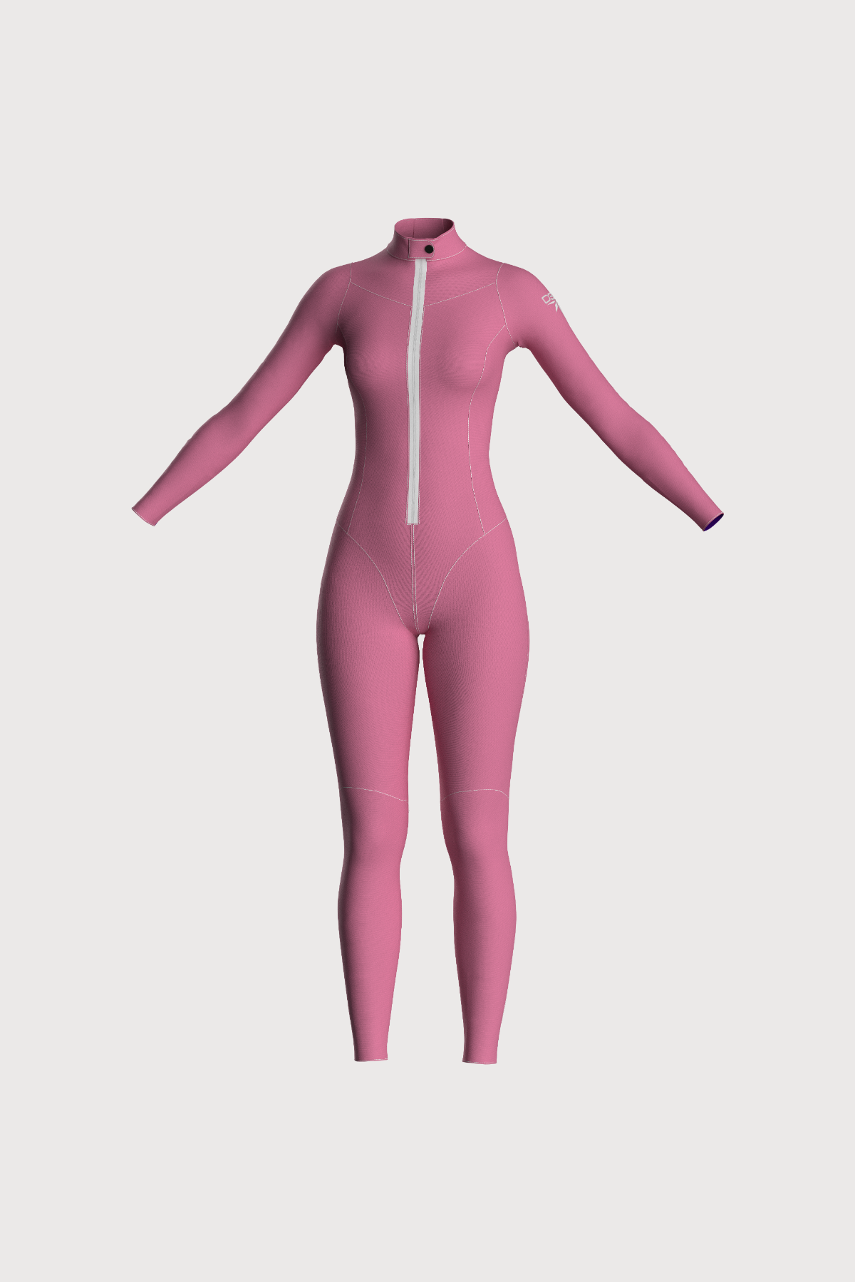 Pink full-body suit with a zipper on a light gray background