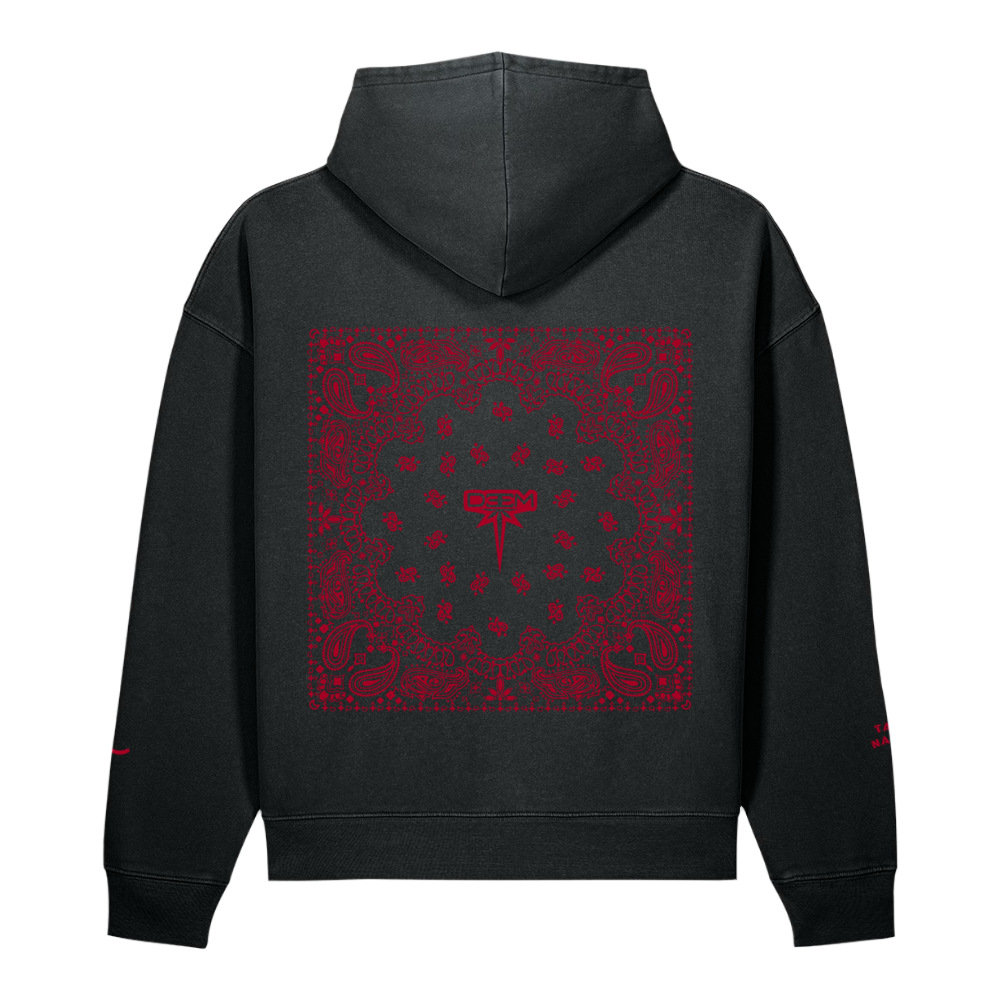 Bandana Vintage Hoodie in garment-dyed black, back with red bandana print and DEEM sygnet