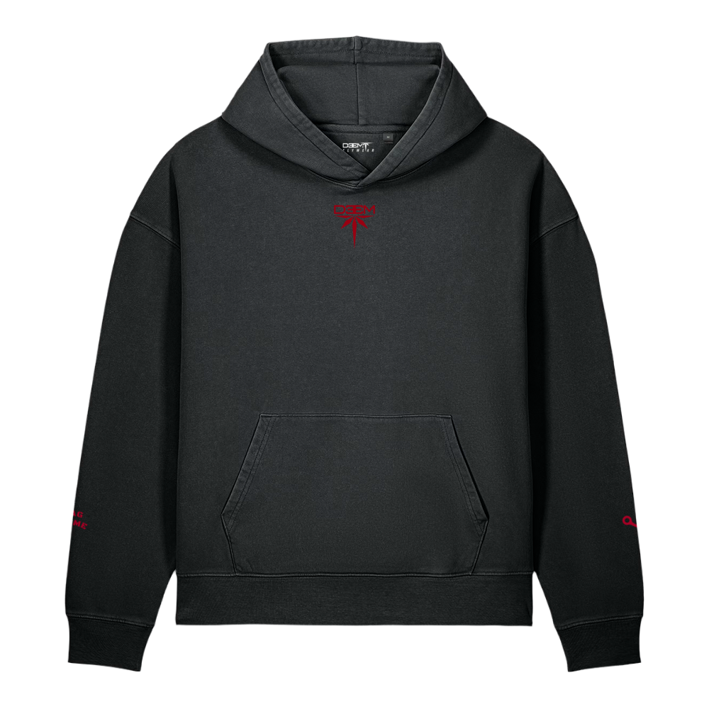 Bandana Vintage Hoodie in garment-dyed black, front with red DEEM sygnet on the chest