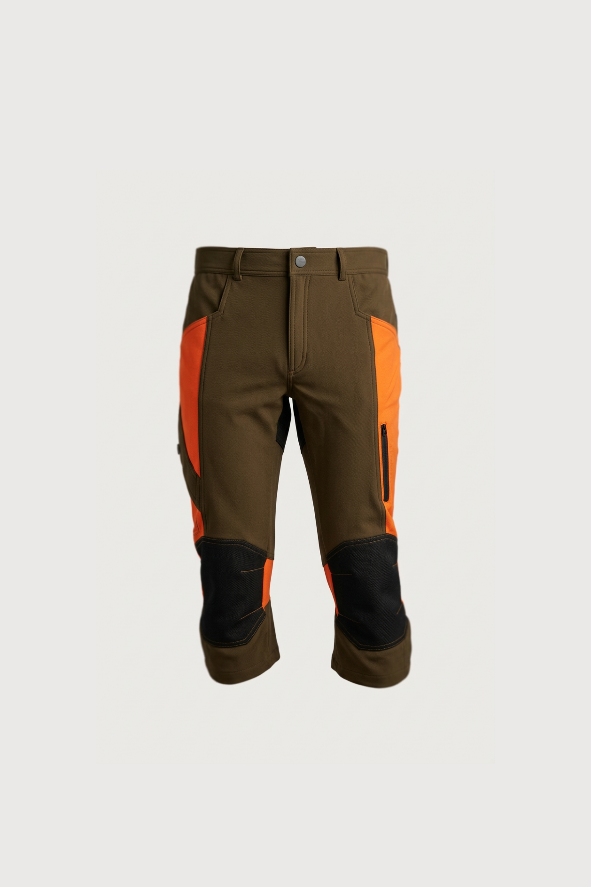 Brown pants with orange and black accents on a light gray background