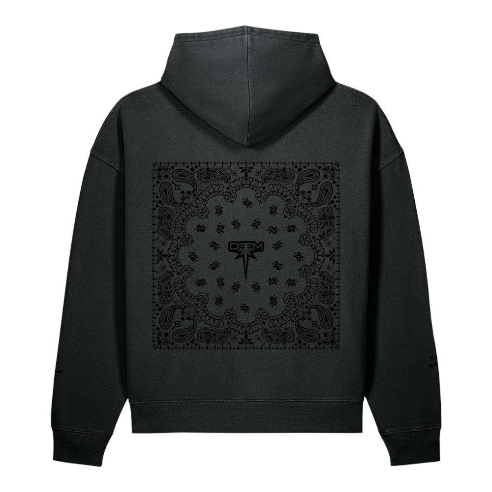 Bandana Vintage Hoodie in garment-dyed black, back with tonal bandana print and DEEM sygnet