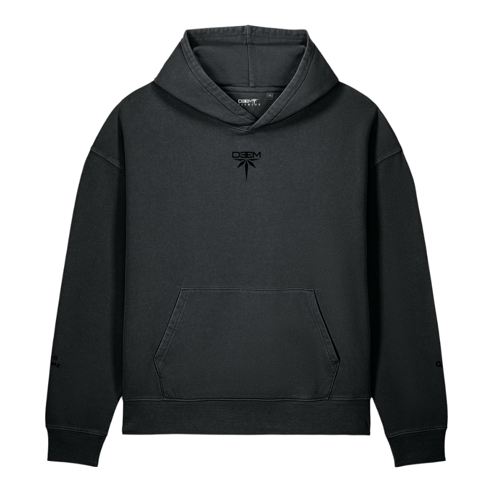 Bandana Vintage Hoodie in garment-dyed black, front with tonal DEEM chest logo